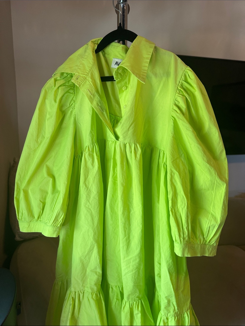 Neon Lime Puff Sleeve Tiered Dress